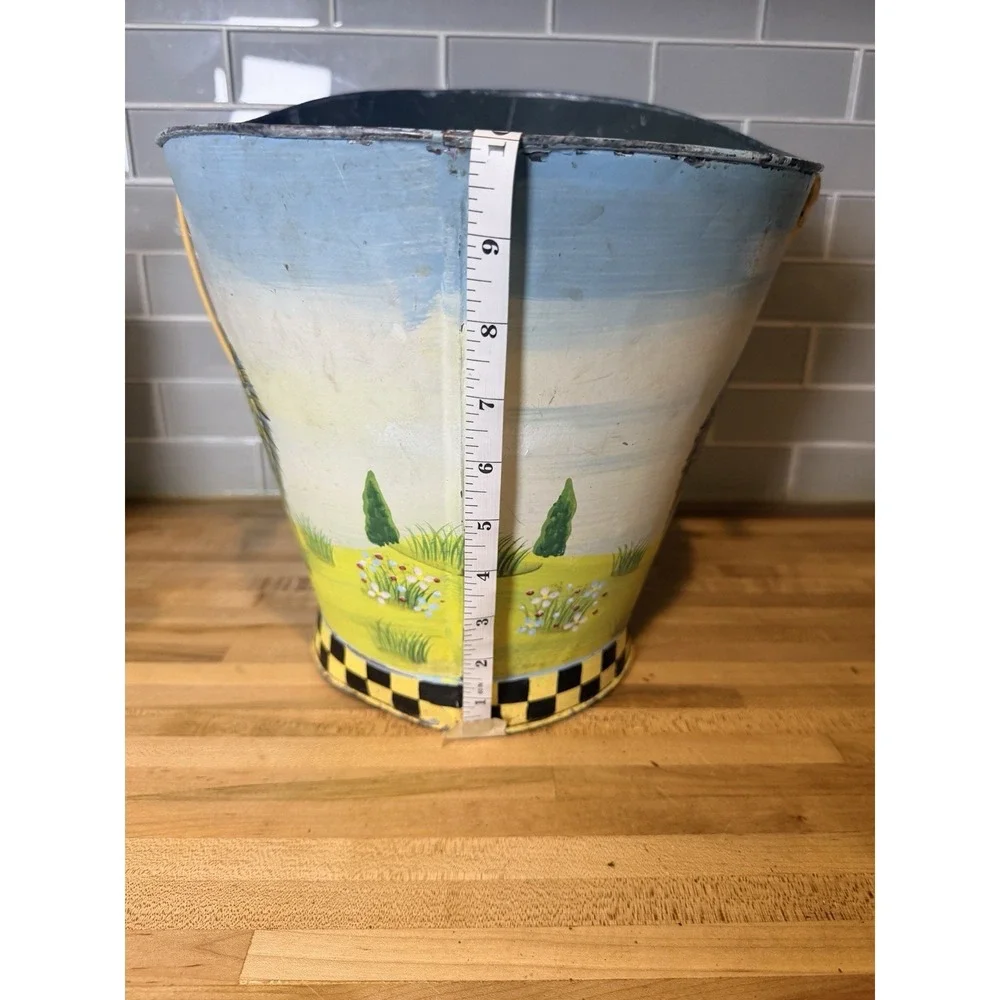 Vintage Rooster Metal Coal Scuttle Bucket Farmhouse Hand Painted Checkered 11in